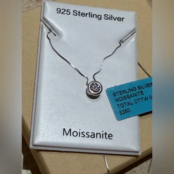 Sterling Silver Moissanite Bezel Pendant Necklace - Silver - Picture 3 of 4